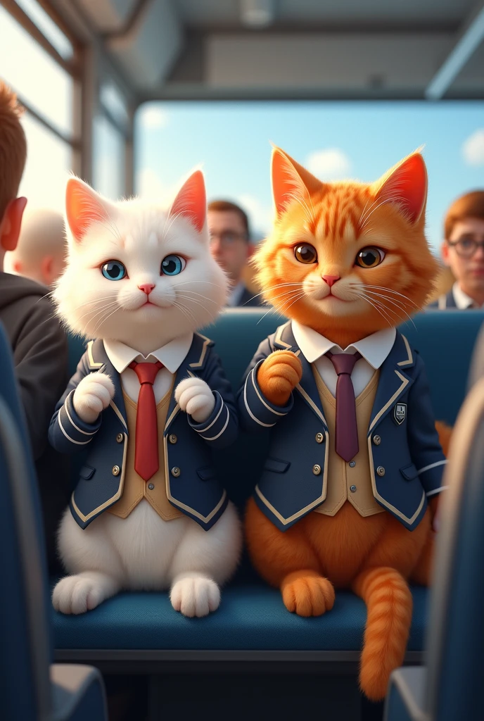 the white cat and ginger cat going to school in school dress in the buss .