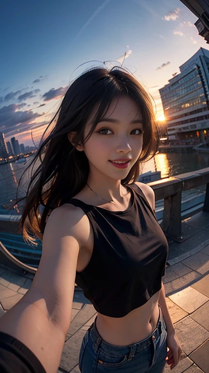 One person, Korean, Fisheye Lens, Selfie, Wind, Messy Hair, sunset, Cityscape, (Aesthetics and atmosphere:1.2),smile