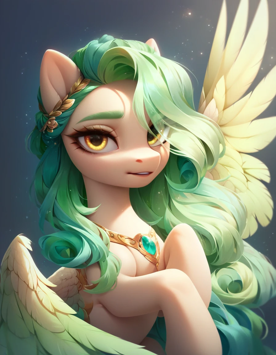 (work of art, Maximum quality, best qualityer, offcial art, beautiful and aesthetic:1.2), A pony with a long light green mane, long straight light green hair, Caucasian skin, gold eyes, pegasus wings.
