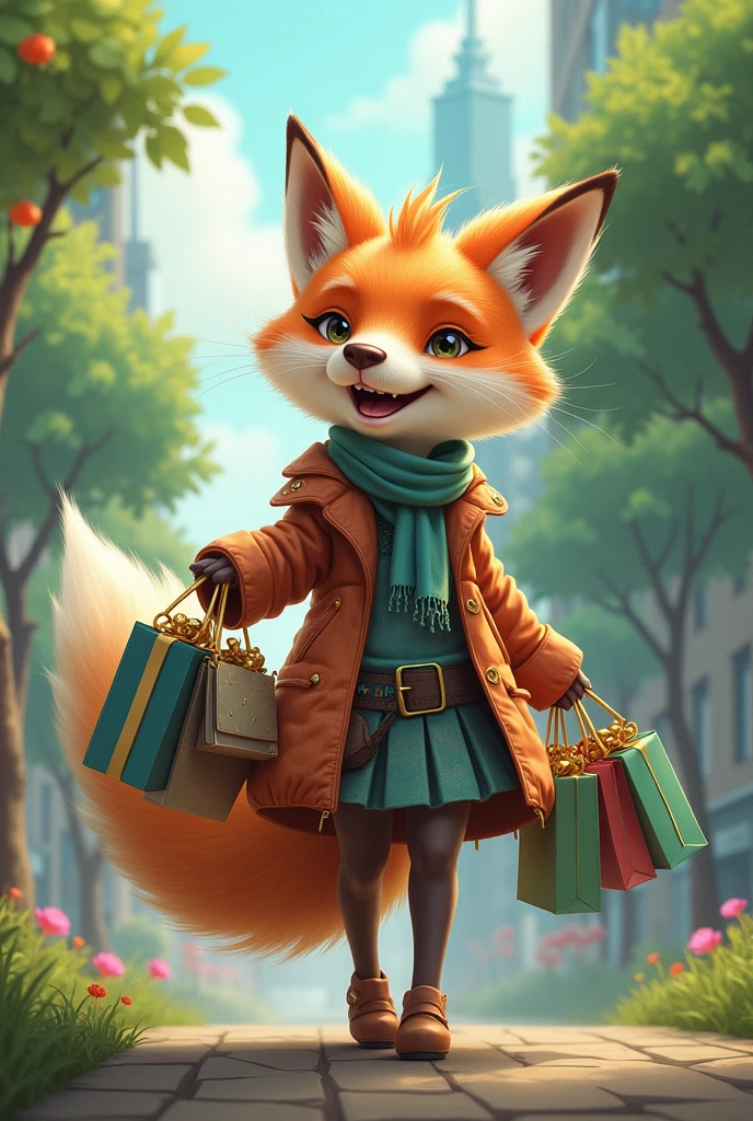 A Tiffany green female fox who loves shopping,Carrying a bunch of gifts,Can&#39;t take it all,Cute realistic style,Background city and forest,