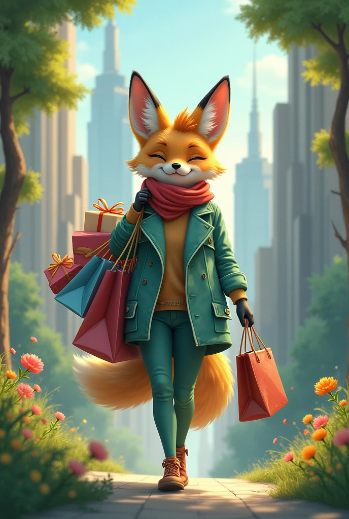A Tiffany green female fox who loves shopping,Carrying a bunch of gifts,Can't take it all,Cute realistic style,Background city and forest,