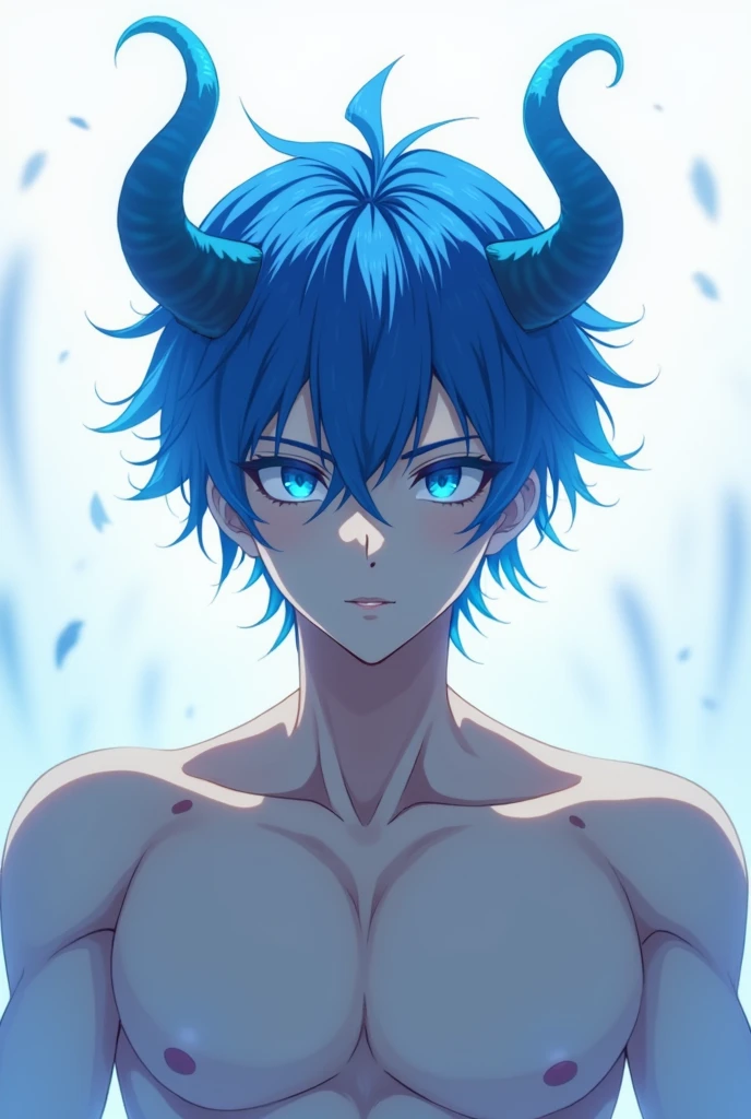 Create a handsome male anime character shirtless blue hair blue eyes blue horns white skin
