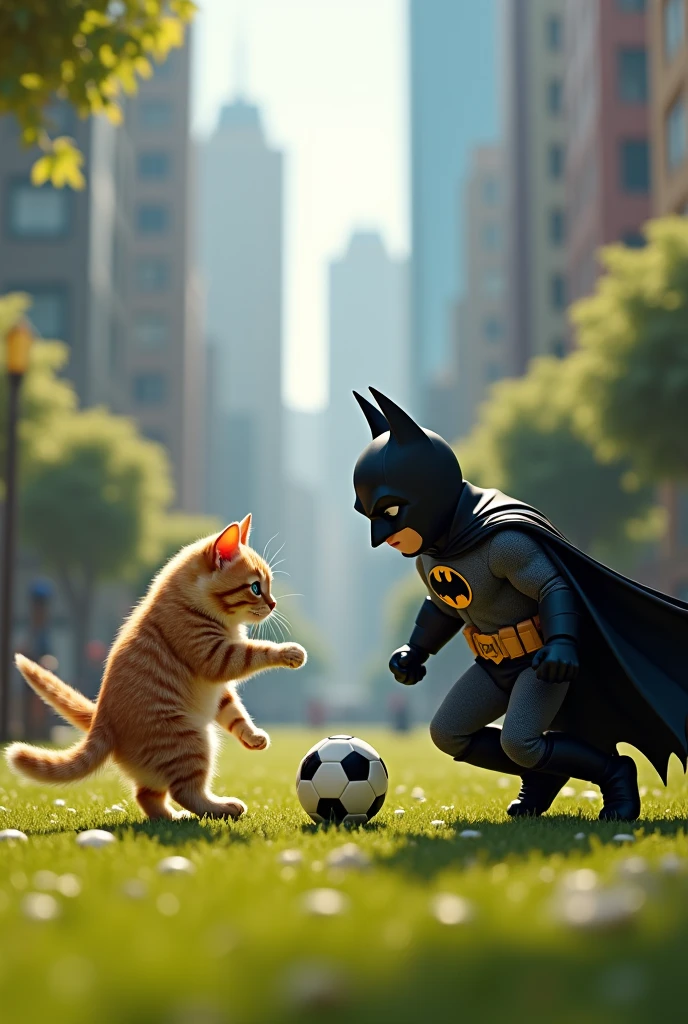 A cat playing football with Batman