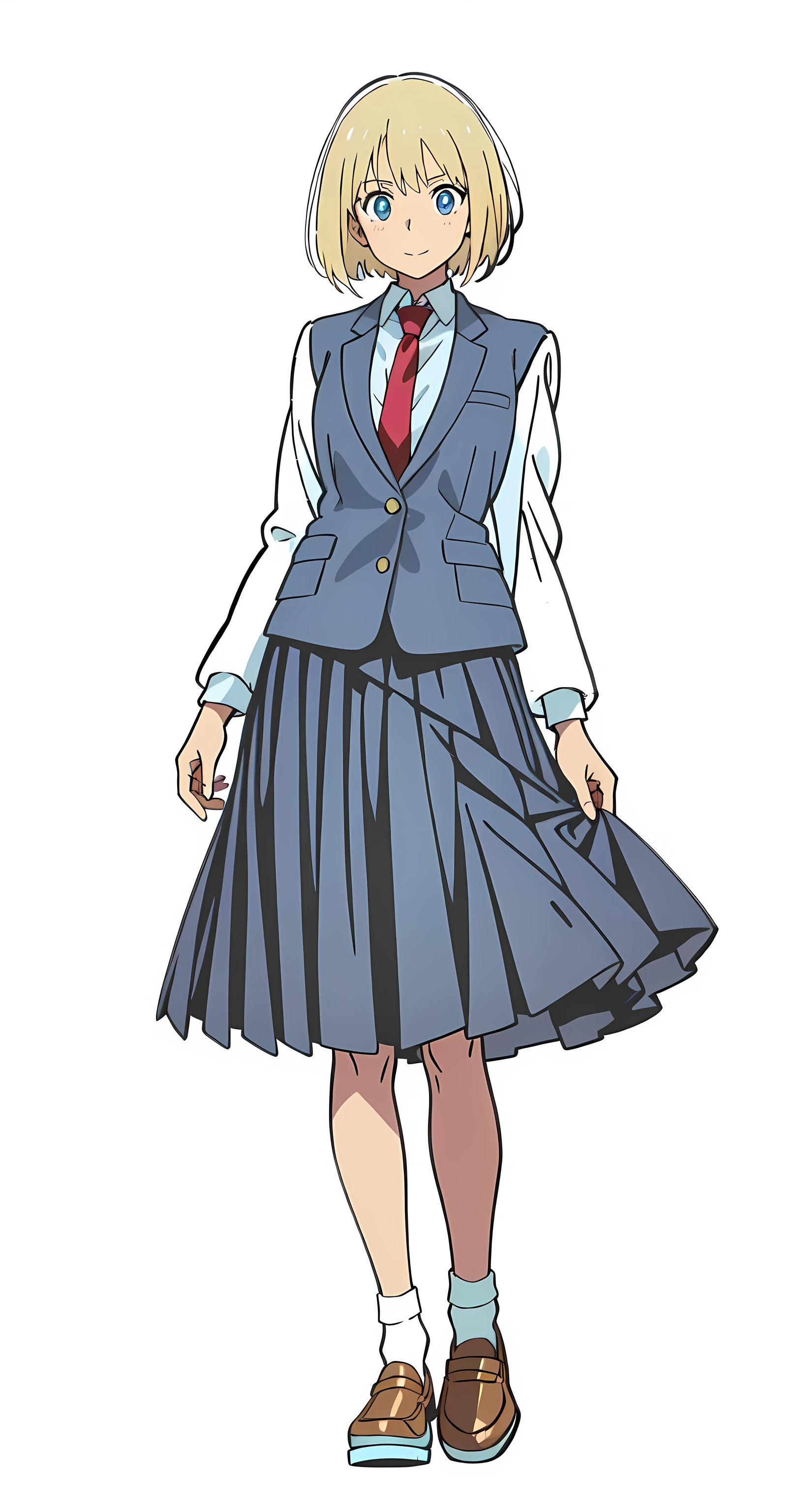 (white background:1.0), (best quality:1.0), (masterpiece:1.0), (super fine illustration:1.0), (beautiful artwork:1.0), (anime screencap:1.0), (official art:1.0), (european:1.0), (solo:1.0), (a 18yo cute girl:1.0), (long skirt:1.0), (blue skirt:1.0), (pleated skirt:1.0), (blue waistcoat:1.0), (white long sleeve collared shirt:1.0), (red necktie:1.0), (loafers:1.0), (white socks:1.0), (ideal ratio body proportions:1.0), (lanky:1.0), (tall:1.0), (slender:1.0), (small breasts:1.0), (smaller face:1.0), (smile:1.0), (cheerful:1.0), (detailed beautiful eyes:1.0), (detailed beautiful face:1.0), (glowing blue eyes:1.0), (bob cut:1.0), (swept bangs:1.0), (blonde hair:1.0), (standing:1.0), (looking at viewer:1.5)