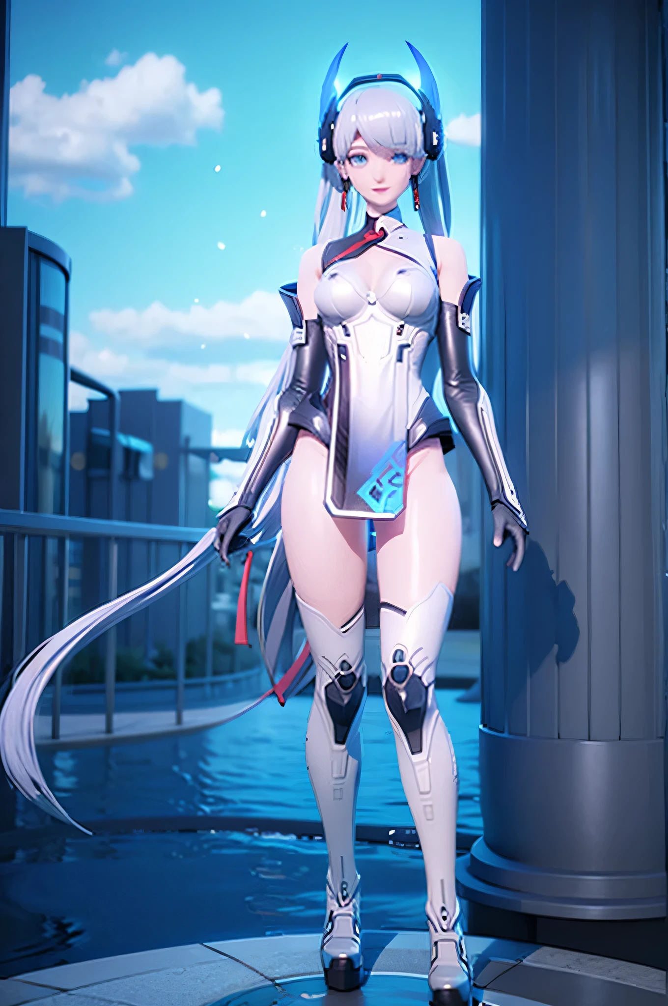 Airi_AoV_HS, 1girl, (28s:1.4), solo, white hair, bangs, long hair, very long hair, twin tail, headband, black headband, cyber headband, horns, eyelashes, long eyelashes, eyeliner, sharp eyelids, blue eyes, makeup, lips, earrings, red earrings, head, face, smile, close mouth, breasts, (large breasts:1.2), bodysuit, white/black bodysuit, leotard, cybernetic leotard, bare shoulders, shoulder armor, white/black shoulder armor, transparent shoulder armor, arm armor, gloves, gray gloves, thighs, white thighs, stockings, cyber tights, boots, long boots, platform shoes, standing, full body, white blackground, outdoors, sky, cloud, water, tree, bird, cloudy sky, building, scenery, light particles, reflection, fantasy, castle, tower, (mature female:1.4), 