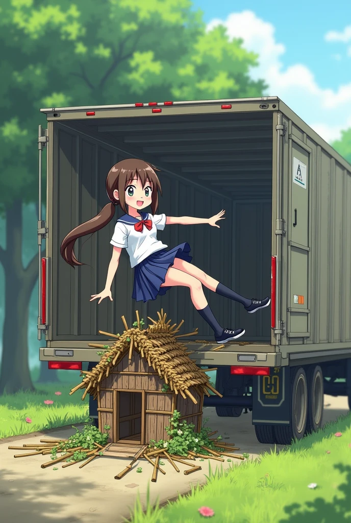 High school girl in uniform with hair in a ponytail falling into the truck and destroying her little house made of sticks