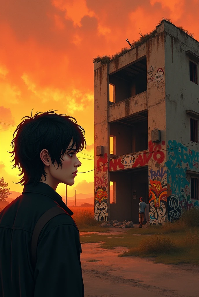 (photorealism:1.2), Black haired man looking back at an abandoned building with graffiti in an orange sunset 