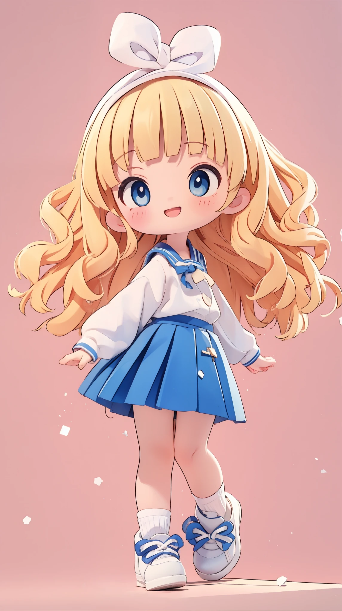 high resolution,smile,laugh,woman,woman1人,adult,Clear,cute,
((chibi)),
blunt bangs,wavy hair,Blonde Hair,BREAK,
Light blue eyes,BREAK,
uniform,White shirt,BREAK,Navy blue pleated skirt,BREAK,
White socks,White sneakers,BREAK,
hairpin,BREAK,
Facing forward,BREAK,Background white,