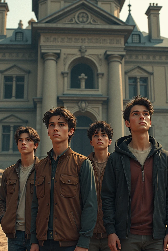 The four young men standing outside the mansion, looking relieved but contemplative, with the ancient building behind them and a sense of newfound courage on their faces.