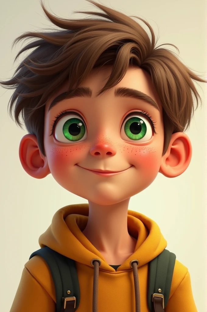 Finn, a , has a round face with bright green eyes full of curiosity. His light brown hair is tousled and falls just above his eyebrows. He has a small, slightly upturned nose and a confident, often smiling mouth. Freckles dot his fair skin, and his slim, agile build reflects his adventurous spirit.