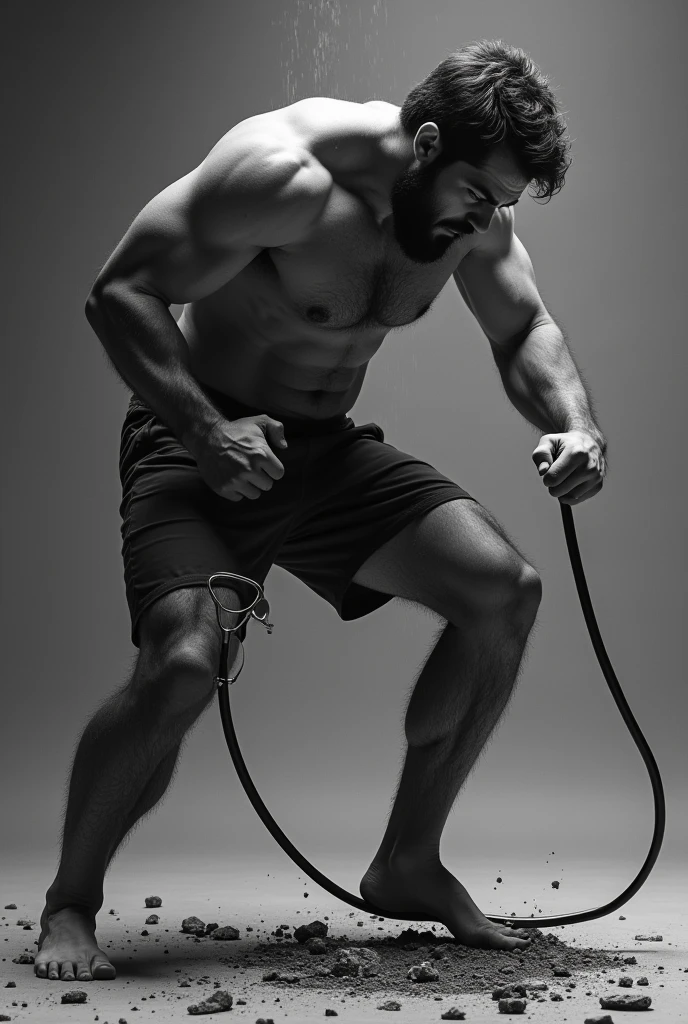 A man destroying stethoscope with his barefoot black and white


