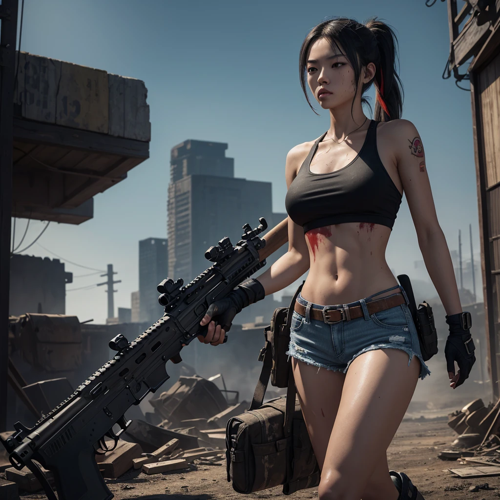 (8k, RAW photo, highest quality, masterpiece:1.2),(realistic, Realistic Photos:1.4),(Highly detailed CG Unity 8k wallpaper),(round face: 1.5), (detailed pupil:1.3),(cool eyes:1.1),(Unforgettable eyes:1.1),(Your eyes are so beautiful:1.1),white t-shirt,((Shirt torn, showing breasts))
24-years-old, japanese woman, dirty face, Full of scars、shout、bronze skin,tattoo、, strong muscles, Run、 american city、, car on fire, explosion, burning city, Torn tank tower, , glove, torn pants、torn t-shirt, A face stained with mud and blood, sweaty skin, bloody skin, muddy skin, declaration of determination, exact expression,glare、 highest quality, ultra high resolution, Realistic, spirit、Physically based rendering(Physically based rendering(Physically based rendering)), cinematic lighting, Complex, cinematic look,soft light like a movie, pleasant tone, , Background of urban warfare, realistic, cowboy shot, dynamic angle,, Mahindrathar,, 8k!!, A great masterpiece,, make: Tom Karafik、An impressive pose turned around、