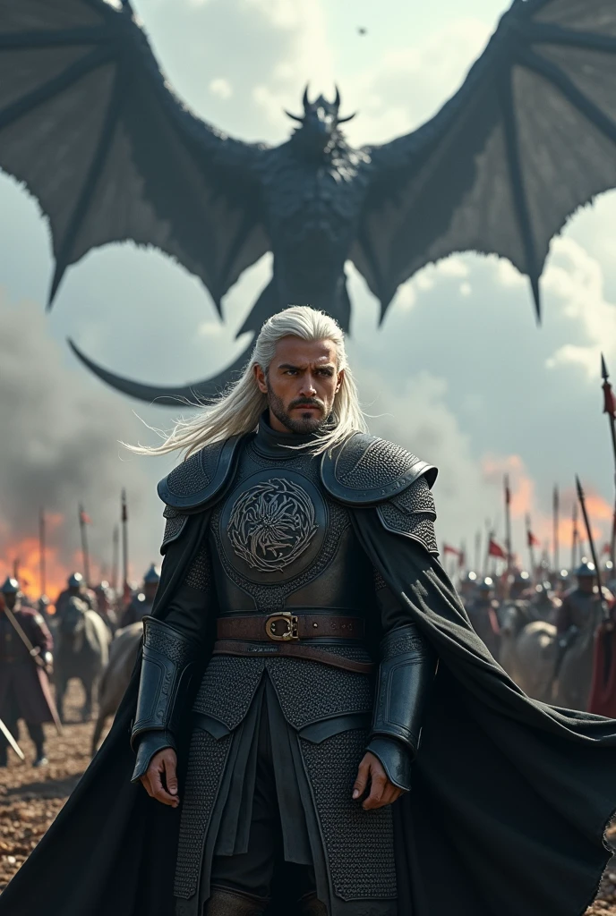 Create a detailed image of Aegon Targaryen on the battlefield and with his black dragon flying in the sky 