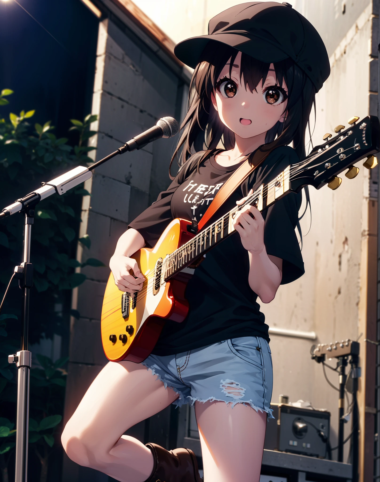 meet, Azusa Nakano, Black Hair, (Brown eyes:1.5),Long Hair,Baseball hats,Oversized T-shirt,Short sleeve,denim,short boots,Instrument playing, Stage Performance, hot air,Happy atmosphere,スタンドマイクの前でguitarをを弾きながら熱唱,guitar(Red Mustang),On the forehead,Singing with your mouth open,smile,Street Performance,night,moonlight,whole bodyがイラストに入るように,
break outdoors, Building district,
break looking at viewer, whole body,
break (masterpiece:1.2), Highest quality, High resolution, unity 8k wallpaper, (figure:0.8), (Beautiful attention to detail:1.6), Highly detailed face, Perfect lighting, Highly detailed CG, (Perfect hands, Perfect Anatomy),