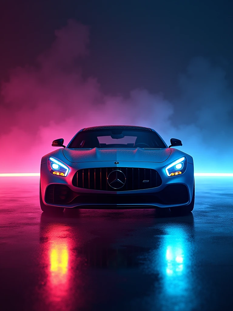 A breathtaking, futuristic photograph of a sleek Mercedes-AMG car, glowing with a dazzling array of vibrant neon colors. The car is illuminated in a kaleidoscope of hues, with the headlights and taillights casting an intense, almost otherworldly glow. The background is a dark, infinite void, allowing the car's colors to stand out and dominate the scene. The overall ambiance is one of high-energy and excitement, evoking a sense of speed and power. The image exudes a cinematic quality, perfect for a high-stakes chase scene in a futuristic blockbuster film., cinematic, photo, vibrant