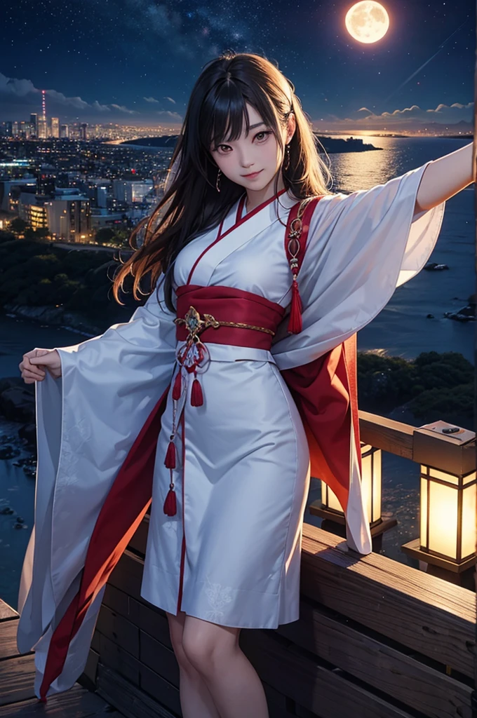 anime style, super fine illustration, highly detailed, dynamic angle, beautiful detailed, 8k, On a summer night, at the observatory at the top of the mountain, BREAK A the Japanese clothing young girl, transfixed by the beautiful night view of the city, is taking a selfie. Her eyes are shining and she is smiling. BREAK The night view sparkles in the background.