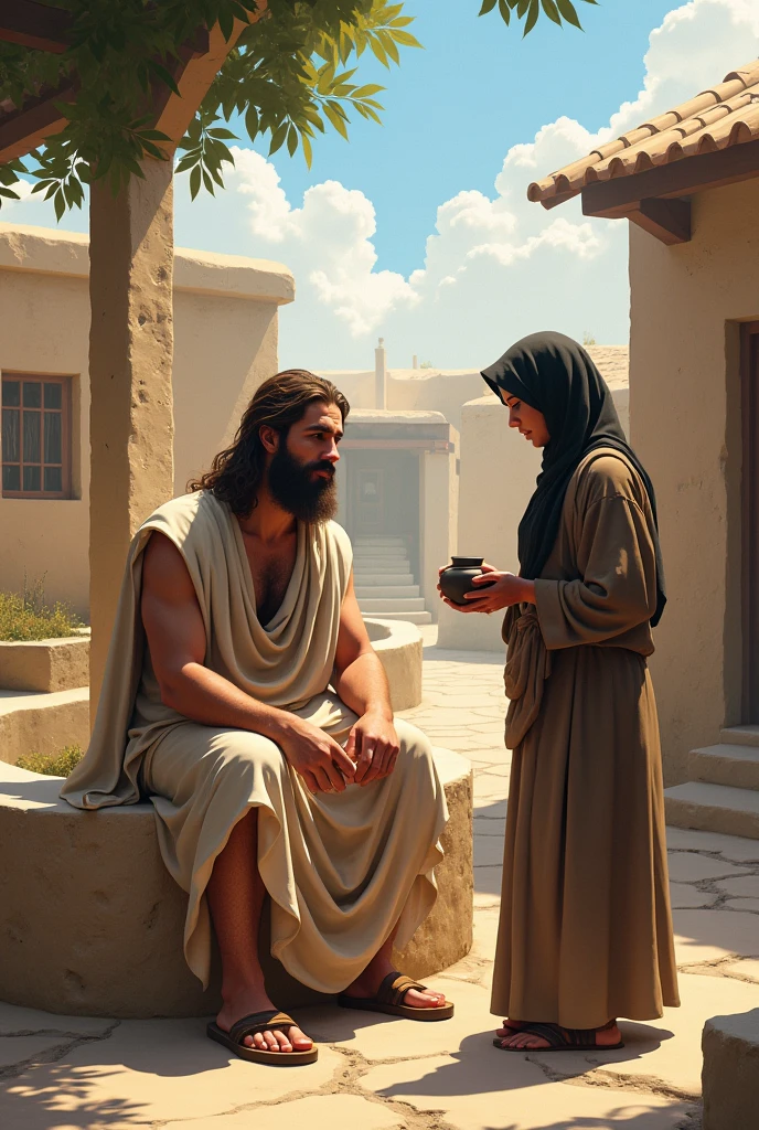 A light-skinned man, with Jewish features, with a beard and long brown hair of 1.81 of athletic build dressed in a bone-colored tunic and sandals sitting next to a stone well talking to a woman with a matte complexion and black hair dressed in a tunic and veil on her head and a vessel in her hands who is standing on a sunny day and nearby you can see a simple Samaritan village from the 1st century