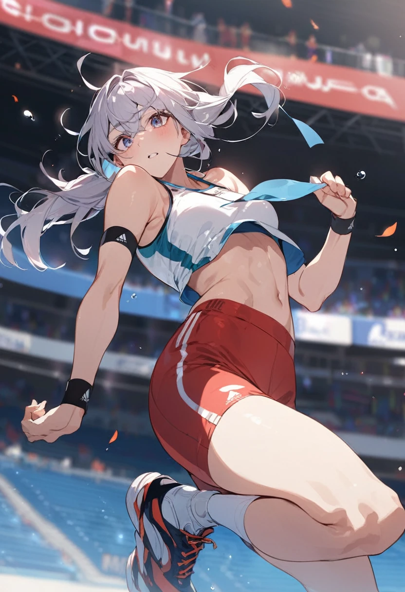 gold ship\(umamusume\), masterpiece, best quality, ((ultra-detailed face)), symmetrical face, beautiful face, muscle, slender, abs, sports bra, horse tail, smile, athletics track, large tits, narrow eyes, hand between legs