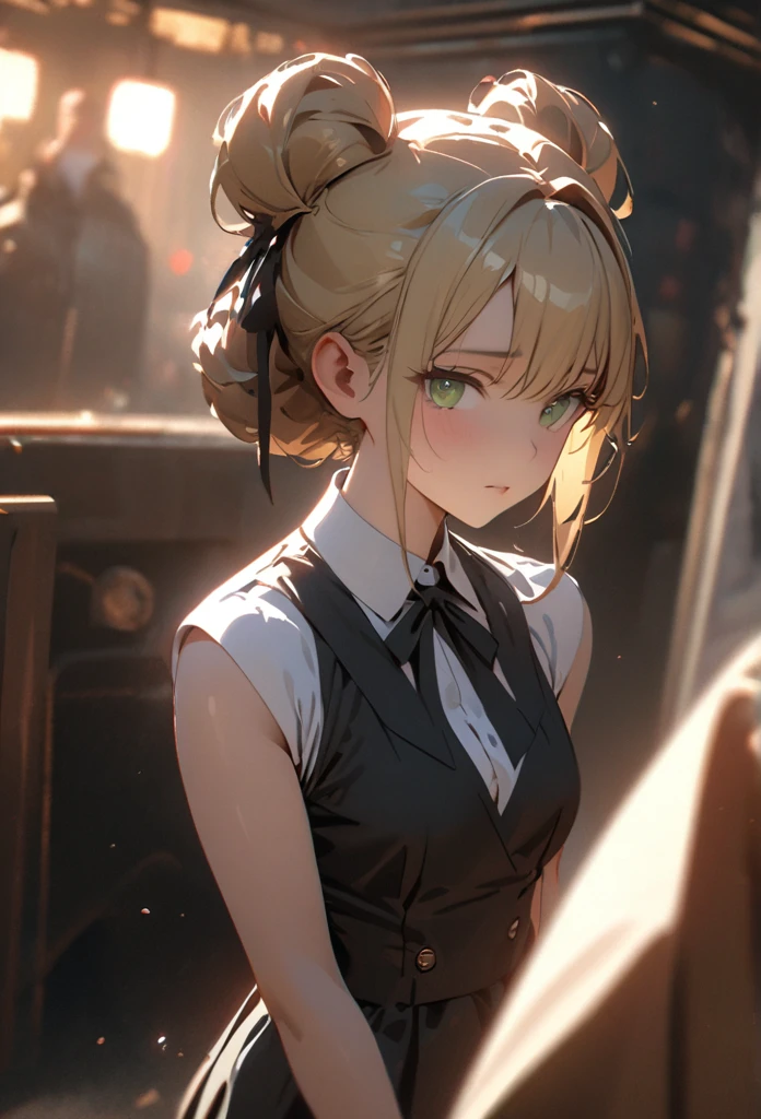 blond hair, chignon hair, light green eyes,Twisted Double Buns back the head, (wearning sleeveless shirt white, black skirt, black ribbon tie, garter stockings) 1 woman, hair up, happy, tired, high detail, green eyes, blonde hair, pretty, tall, emotionless, high detail, masterpiece, super detail, high details, high quality, best quality, pretty, tall, emotionless, ((femenine)), ((male face)), handsome, solo, looking at viewer, light, 1girl, 4k quality,cinematic lighting, ray tracing, depth of field, cinematic lighting, ray tracing, UHD, high details, best quality, highres, high quality, award winning, super detail, masterpiece, 8k, UHD, high details, best quality, highres, high quality, award winning, super detail, masterpiece, 8k, digital art, anime coloring, full body, body shot, good face, perfect face, detailed face, good eyes, detective office background,