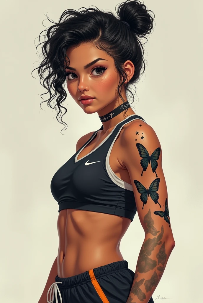 Teenage female with short curly hair tied up football player with a tattoo of a single butterfly on her right arm and one on her left forearm of three small butterflies and black eyes