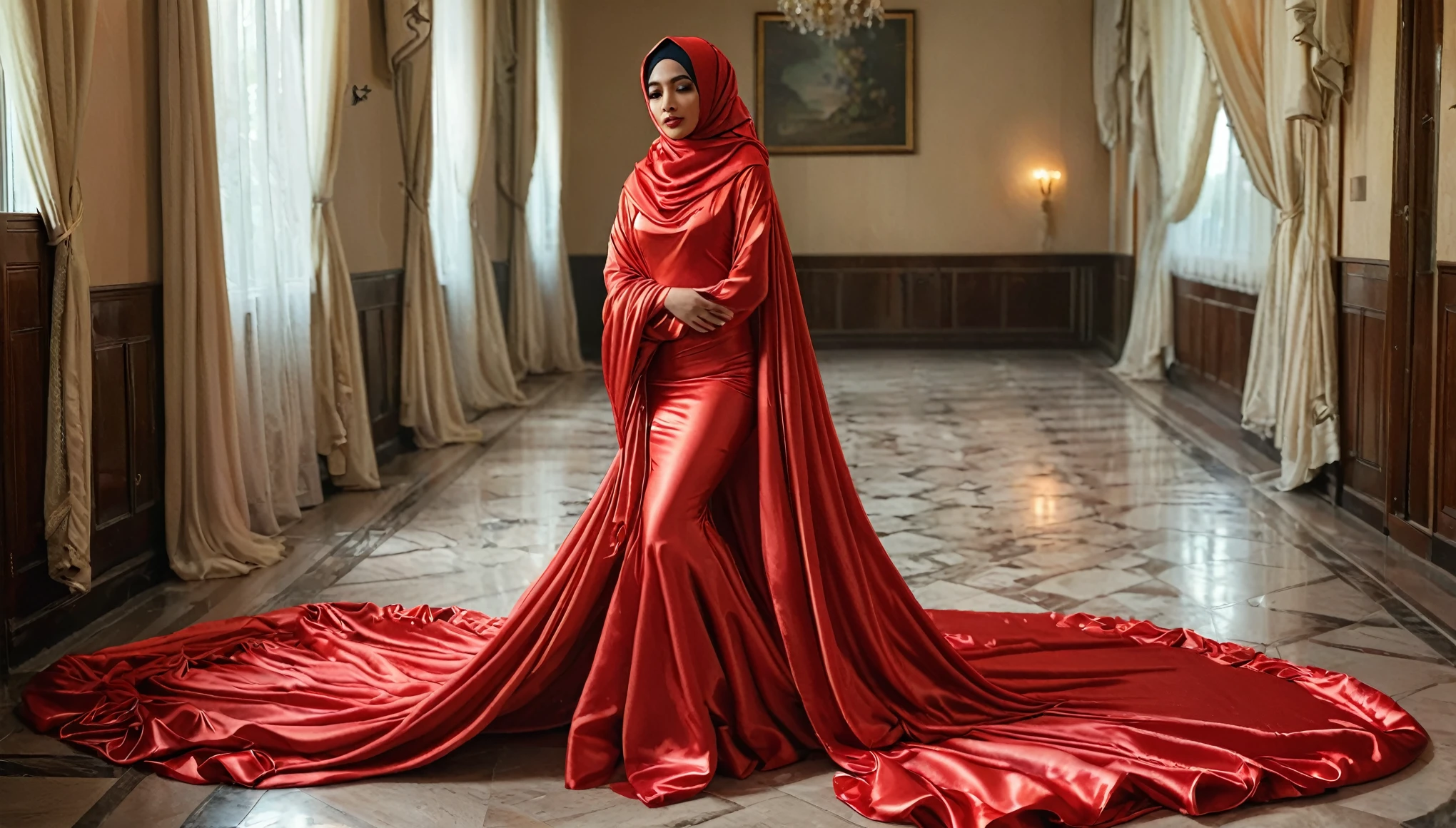 A woman shrouded in a 10-meter-long, plush red satin cloth, tightly bound and grandly draping along the form of her body, flowing off into a pooled floor-length train, styled in a mermaid-inspired outfit, her head modestly veiled in a satin hijab, tall woman, in vilage road, a full-body pose conveying a sense of mysterious elegance, captured in a 4k resolution, ultra-realistic