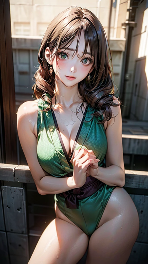 (masterpiece:1.2, top-quality), (realistic, photorealistic:1.4), beautiful illustration, (natural side lighting, movie lighting),
looking at viewer, cowboy shot, front view:0.6, 1 girl, japanese, high school girl, perfect face, cute and symmetrical face, shiny skin,
(long hair:1.8, drill hair:1.7, dark brown hair), hair between eye, emerald green eyes, long eye lasher, (large :0.9, thick thighs),
beautiful hair, beautiful face, beautiful detailed eyes, beautiful clavicle, beautiful body, beautiful chest, beautiful thigh, beautiful legs, beautiful fingers,