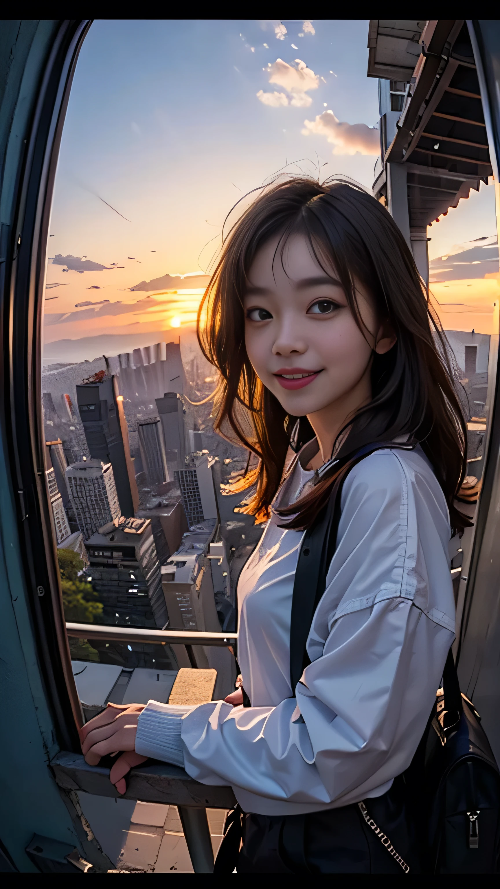 One person, Korean, Fisheye Lens, Selfie, Wind, Messy Hair, sunset, Cityscape, (Aesthetics and atmosphere:1.2),smile
