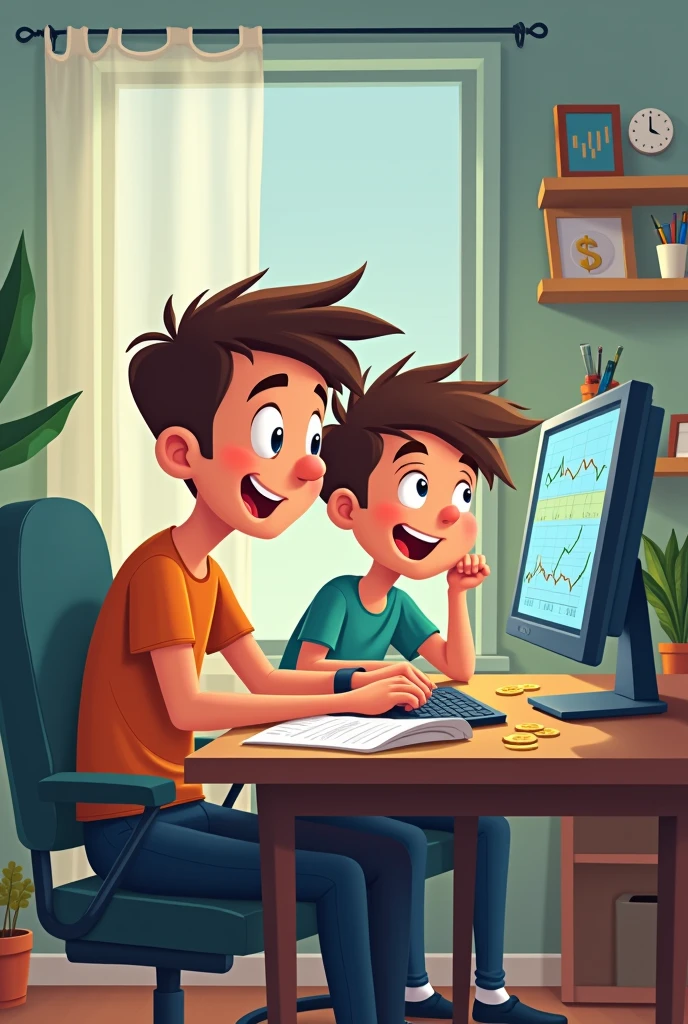 Two brother cartoon image treding stock market computer