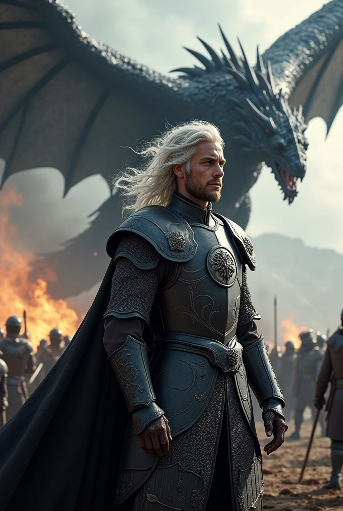 Create a detailed image of Aegon Targaryen on the battlefield and with his black dragon flying in the sky 