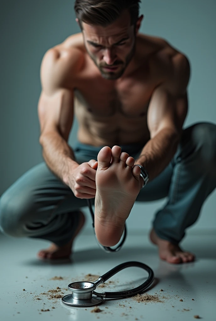 A man destroying stethoscope with his barefoot