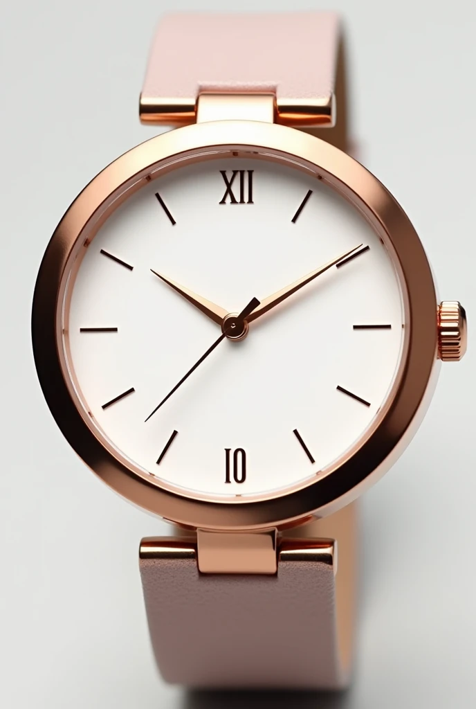 Rose gold border
White colour Dial
Rose gold or golden hands
Rosegold strap
Digits 12, 3, 6, 9