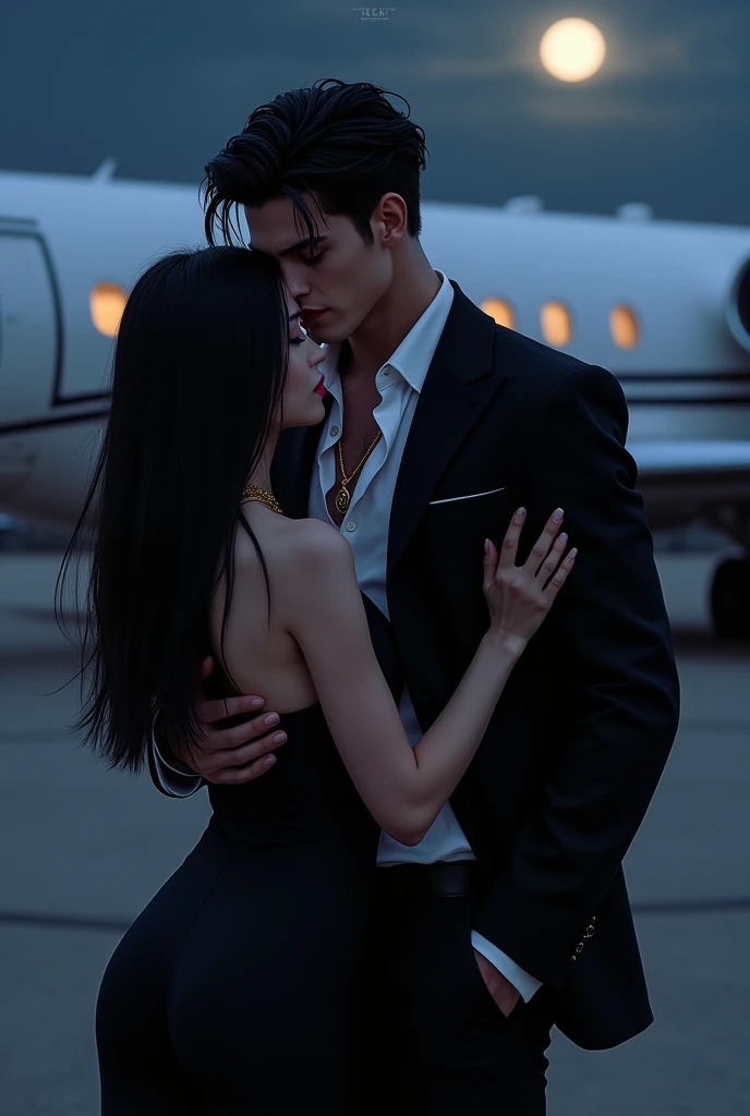 Handsome man too attractive with short black hair and white skin too beautiful, with a black suit with a casual white shirt and a gold plated necklace, Dark beauty that denotes sensuality and power, and elegance, make it strong and very manly. That he is on an airfield with a private jet behind him and kissing a girl with her back turned and long black hair, They both are loving each other,. Do it at night