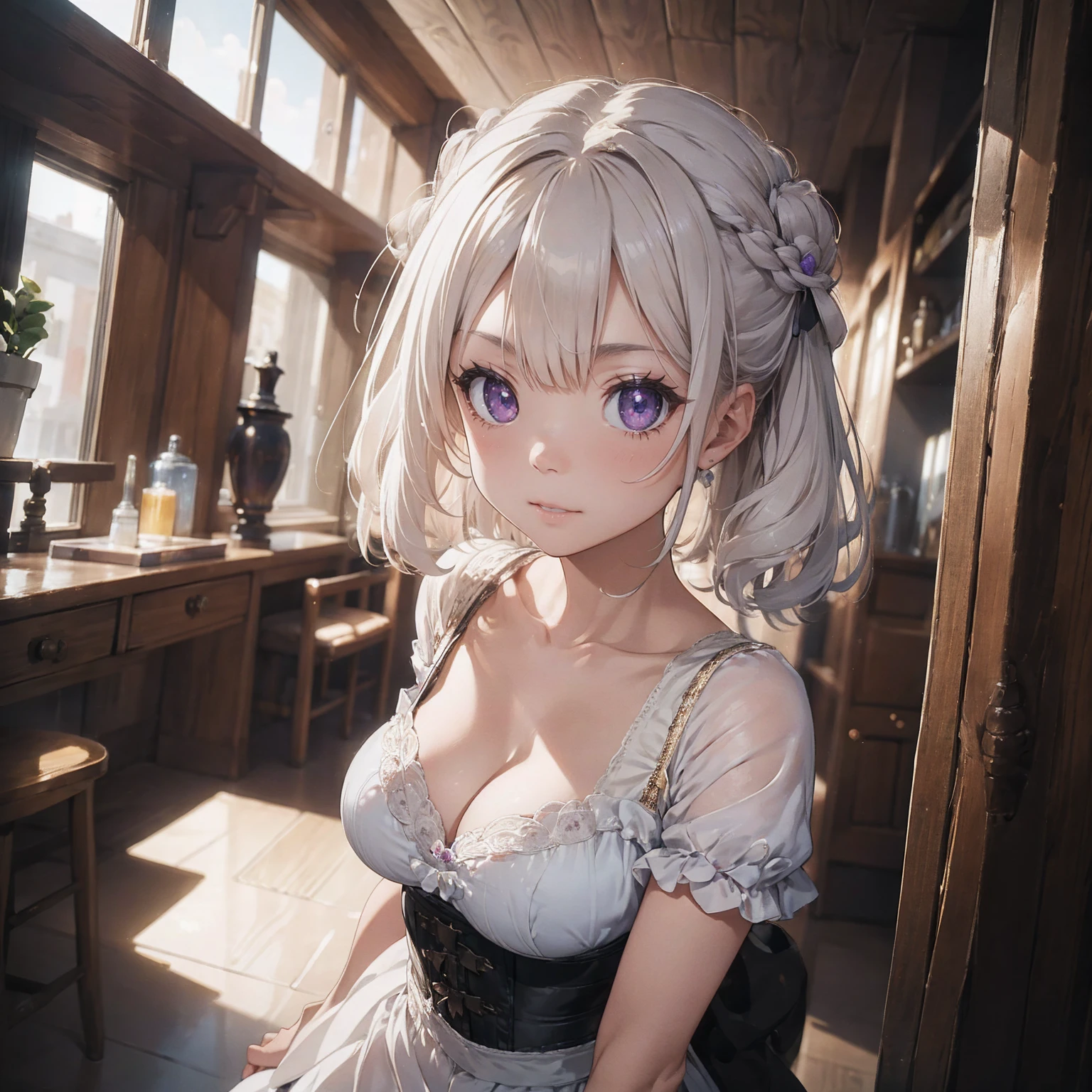 (Absurd Resolution:1.2), (ultra detailed:1.2), (masterpiece:1.2), (Photorealistic), (top-quality), BREAK (cute 1girl), (ager), (finely detailed eyes and finely detailed face:1.2), BREAK (ultra fine-Purple-cute-eyes:1.3), (Expression ultra detailed Glitter Pupil), (ultra detailed Expression eyelashes), BREAK (ultra-detailed-bob-cut-white-hair, parted bangs), (beautiful Glossy lips), BREAK (slim body and gigantic breasts:1.3), narrow waist, leggy, curvy is body without muscles, BREAK (glossy realistic pale skin texture:1.2), precise anatomy, (4 defined fingers), (1 defined thumb), beautiful breathtaking expression, BREAK (intricate-corset-royal-dress, Garter belt stockings:1.2), Ribbon on head, BREAK Seductive pose, (Crisp focus, eye focus:1.2), (full body shot, shoot from front, high angle shot), vibrant colors, professional lighting, BREAK ultra detailed Royal Palace  Indoor, There is a magic mirror, rpgroyalty,