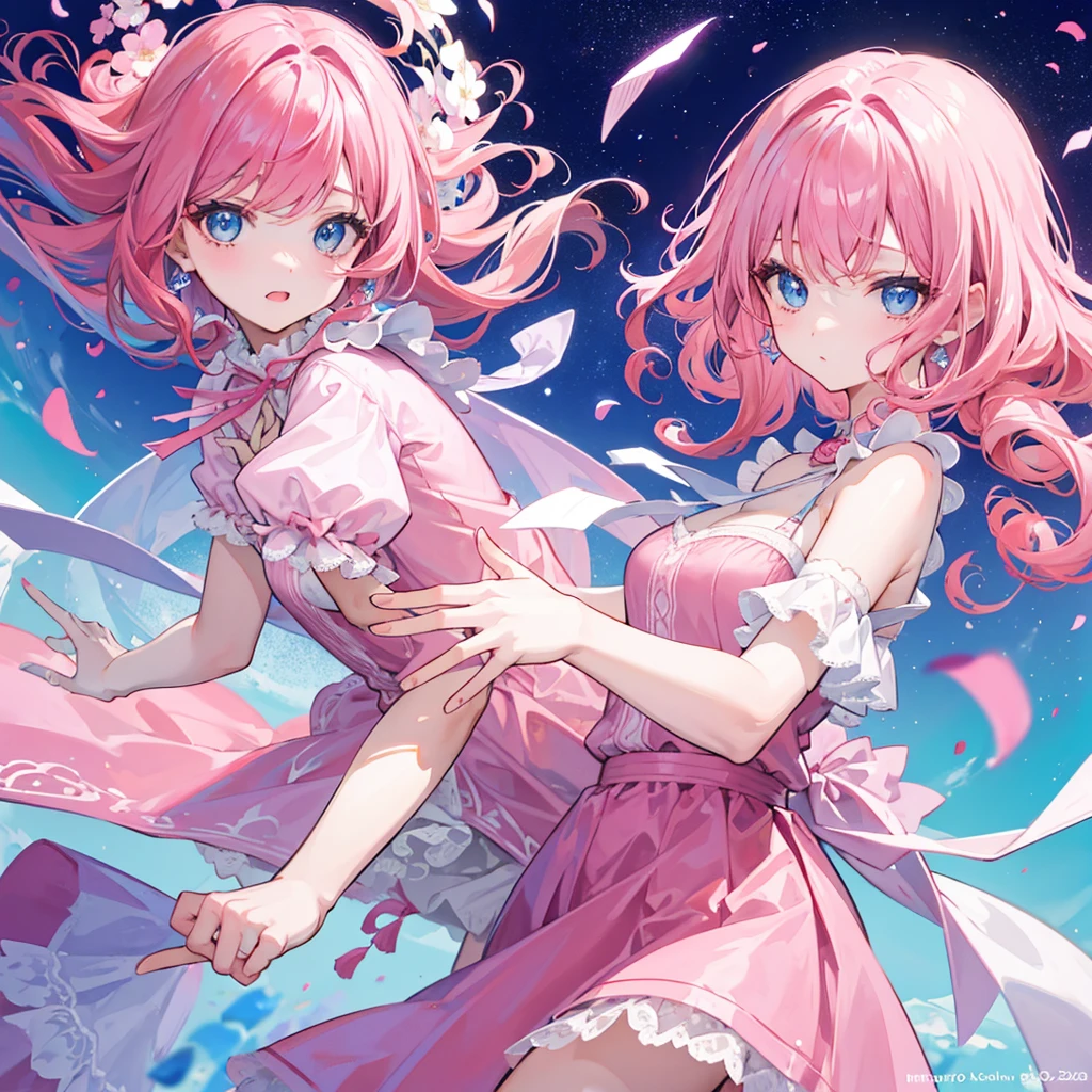 one with pink hair and bangs and curly hair with blue eyes and a huge pink dress
