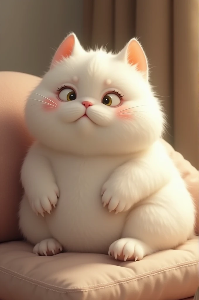 A chubby white cat 
