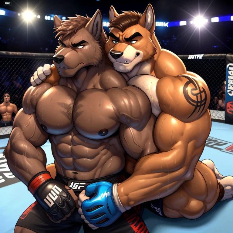 Duo male(Brown Dog vs Gray wolf), handsomes(handsome hairstyle, Thick eyebrows, detailed face), gay(cuddling embraced from behind holding body, body with body, stomped on the ground, on a UFC match), hot(Shirtless), handsomes(They are handsomes, correct anatomy), musculosos(Big muscle bodies, Six packs, muscle abs, big pecs), sweaty(very sweaty wet bodies, shiny sweat), tatuajes(they have tattoos), grumpy(Both have an grumpy expression, grumpy teeths, steaming breath), UFC gloves(They both are wearing UFC gloves), Hight resolution, by(Zourik:1.1)