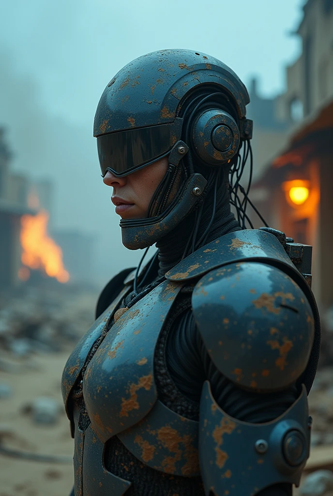 Cinematic film still, rear angle, of a [Cyborg|Ironman] mechanical joints, wearing futuristic cyberpunk combat armor, dirt on armor, scuff marks, cyber optics, standing, ambient light], serious expression, detailed face, science fiction, [reflections], middle east cyberpunk village, debris, burning building, [sandstorm], overcast, outdoors, (cinematic lighting:1.1), fog, soft focus, photographed on a Sony ILCE-7M3, 24mm f2.8 cine lens, ISO 12800, blue hue, sci-fi war film, medium closeup, cowboy shot, at night, 5800K color temperature, highly detailed skin, from behind, combat footage, ass focus