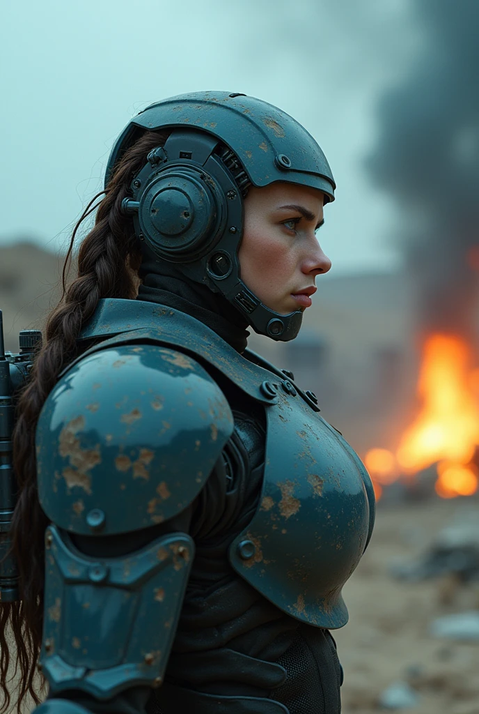 realistic photo modelshoot style, (detailed face), (woman waifu in a cramped rusty hydraulic mech exoskeleton), sunset, oily, sweaty, dirty, ripped, post-apocalyptic