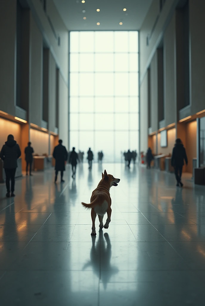 "Generate a video of an exhibition hall where visitors are exiting, but one dog remains inside, looking confused and unable to find the exit. Show the dog navigating the space, highlighting its struggle to find a way out, and use AI to simulate how it might react to different exit cues."