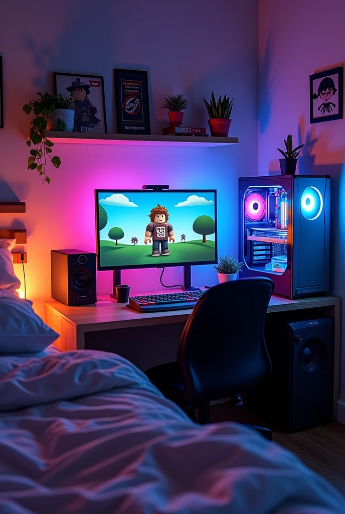 Je veux une chambre avec un beau Pc et que sur l’écran du Pc y’a roblox je veux qu’on voit aussi un lit et un petit frigo Avce roblox sur l’écran