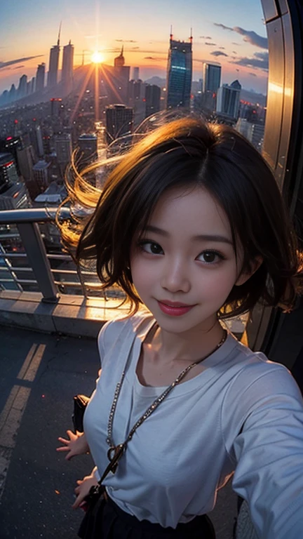 One person, Korean, Fisheye Lens, Selfie, Wind, Messy Hair, sunset, Cityscape, (Aesthetics and atmosphere:1.2),smile