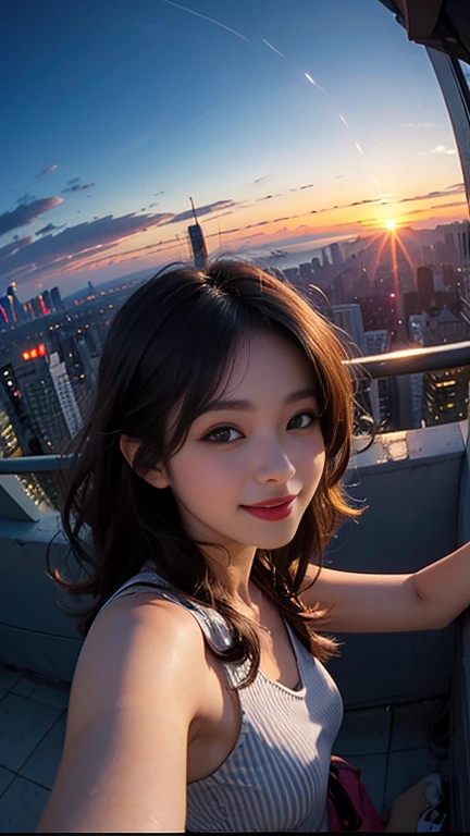 One person, Korean, Fisheye Lens, Selfie, Wind, Messy Hair, sunset, Cityscape, (Aesthetics and atmosphere:1.2),smile