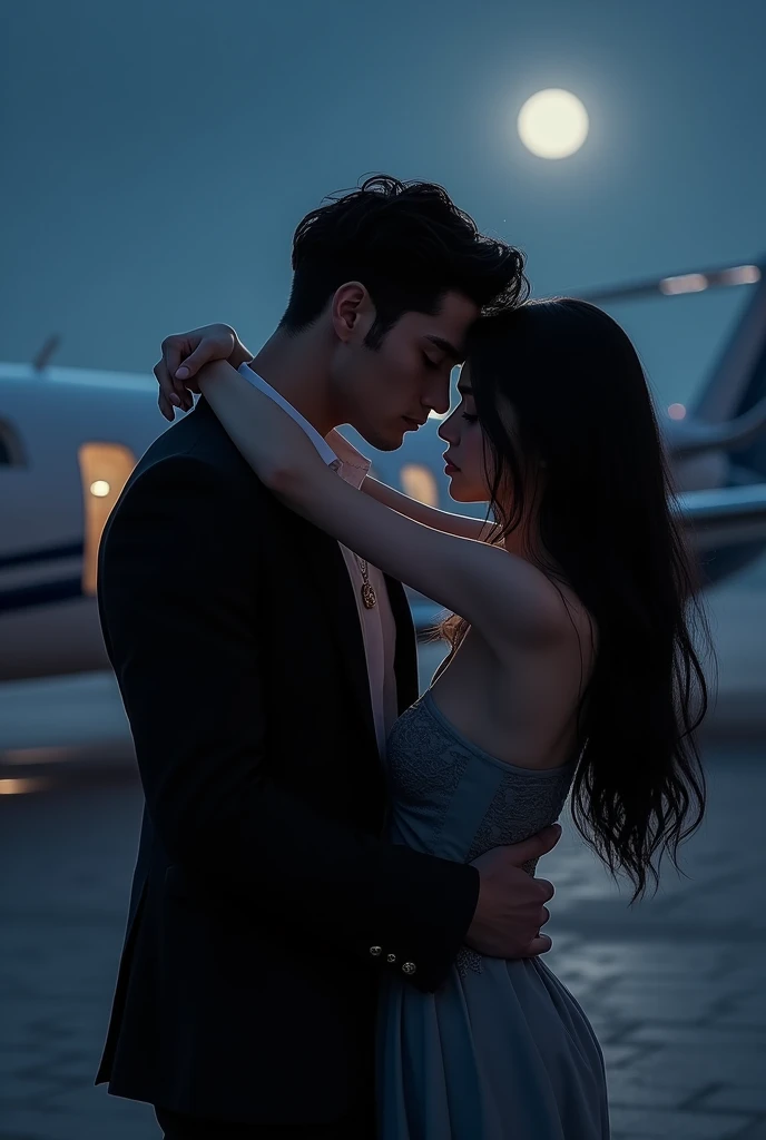 Handsome man too attractive with short black hair and white skin too beautiful, with a black suit with a casual white shirt and a gold plated necklace, Dark beauty that denotes sensuality and power, and elegance, make it strong and very manly. That he is on an airfield with a private jet behind him and kissing a girl with her back turned and long black hair, They both are loving each other,. Do it at night