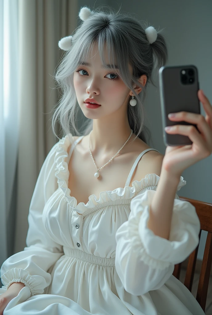 highly detailed, beautiful, hyper Realistic girl, masterpiece, best quality, Depict a mysterious and sophisticated beautiful Japanese gravure woman, 28-years-old, identity hidden, all body shot, /// (wearing a sexy Pierrot costume, white theme:1.2), /// gray arranged hair, small head, Detailed face, cute and Pretty slim face, Duck mouth, perfect beautiful Tooth, arranged gray hair, shiny eyes, blue-colored eyes, Realistic skin, Detailed face, /// Monotone simple modern taste single room, mirror, complicated background /// takes a selfie in her room using a smartphone in front of a mirror with one hand, sitting and fashion model Posing, looking away from the camera,