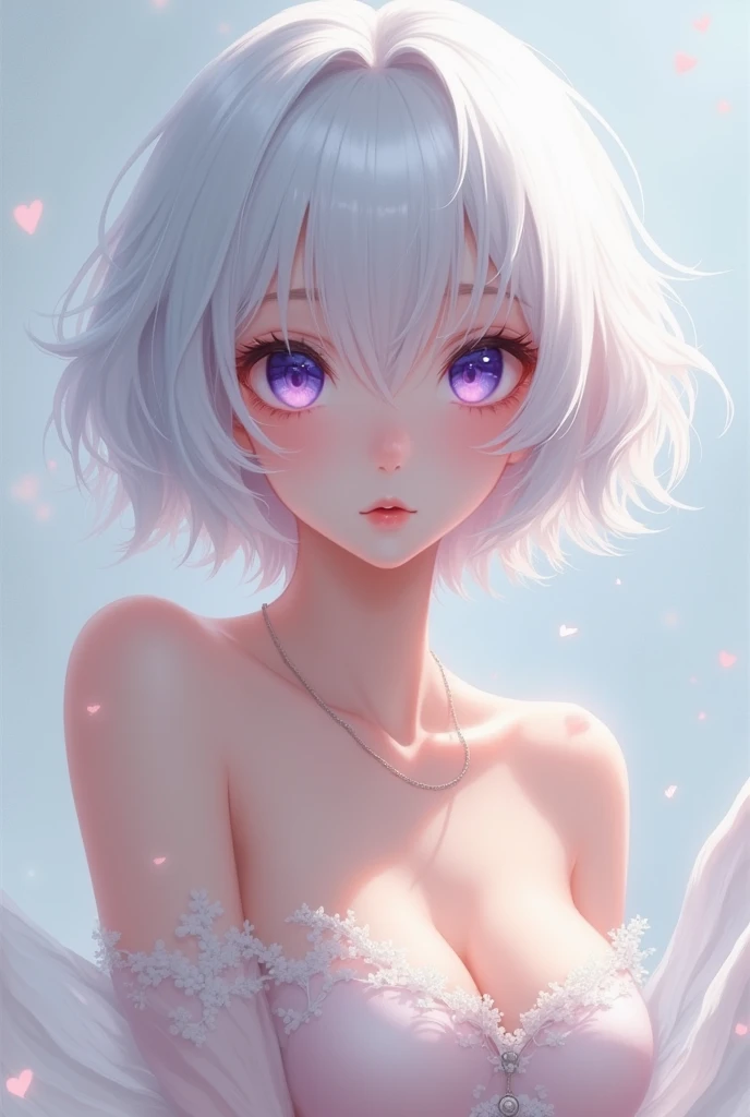 An with short white hair and purple eyes, anime beautiful girl , nude