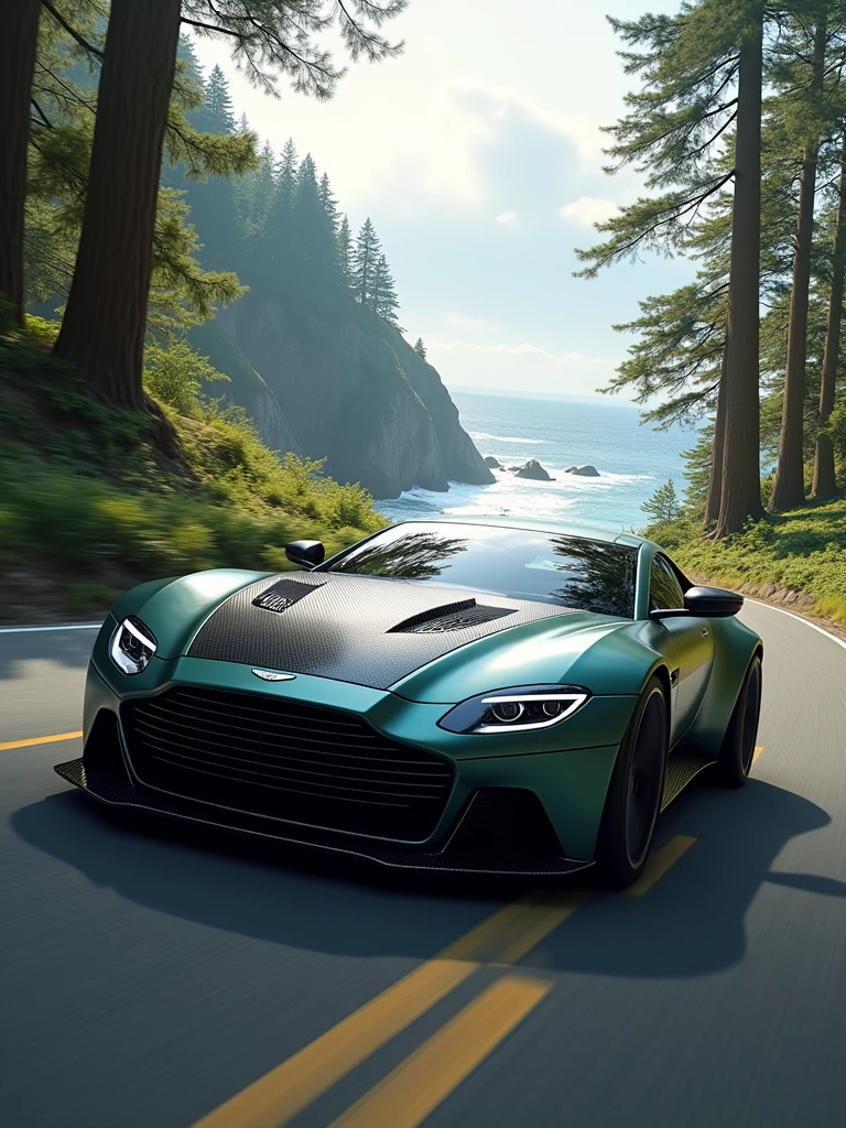 Aston Martin Vantage F1,sports ,
(Masterpiece)),((Best Quality)),(detailed),award-winning,sports car carbon fiber roof in motion,racing on a coastal road,redwood forest,highly detailed,fine detail,intricate,insanely detailed,volumetric lighting,vivid colors,((masterpiece)),absurdres,detailed details,motion blur, photo, cinematic, 3d render, vibrant