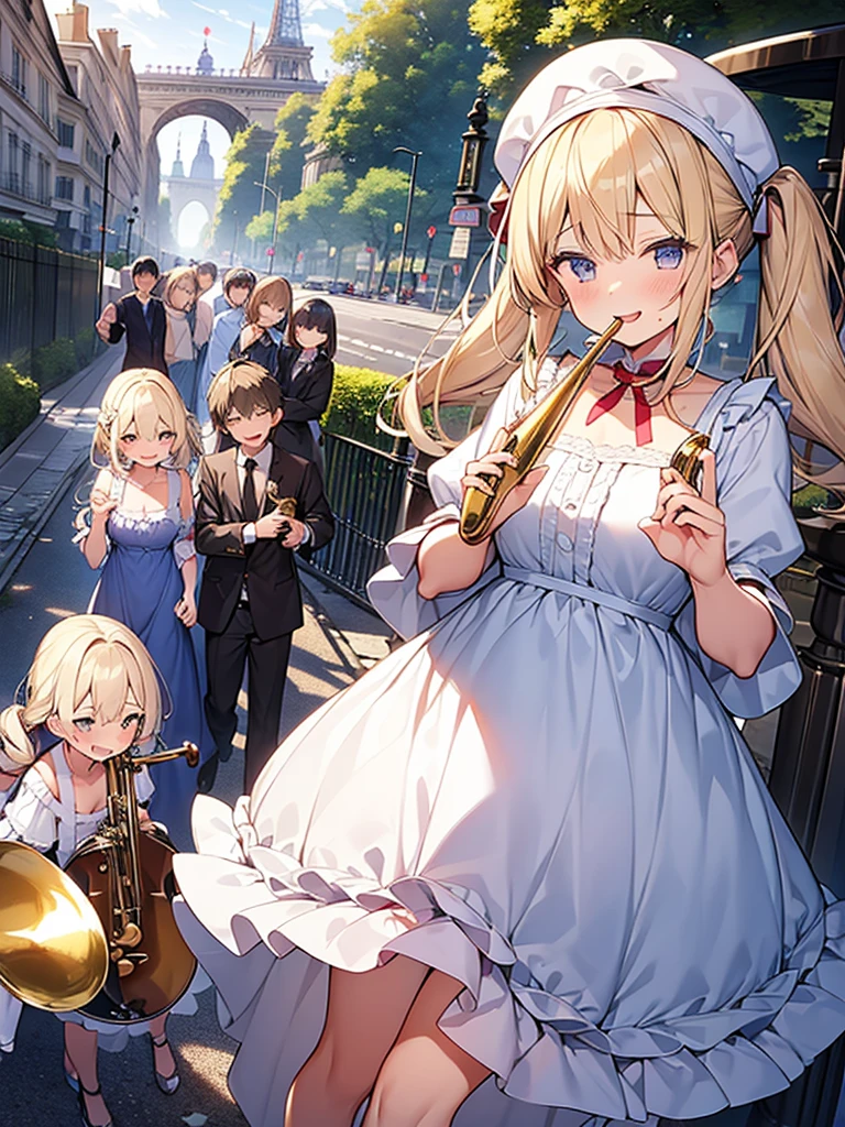 Woman in a Nightgown、Mature Woman、adult、pregnancy、Screaming、Holding a brass instrument、Left hand behind、Blonde、Twin tails、smile、口を開けたsmile、Alice in Wonderland、pussy juice stain panties、Highly detailed fingers、One Girl、White Rose、Streets of Paris