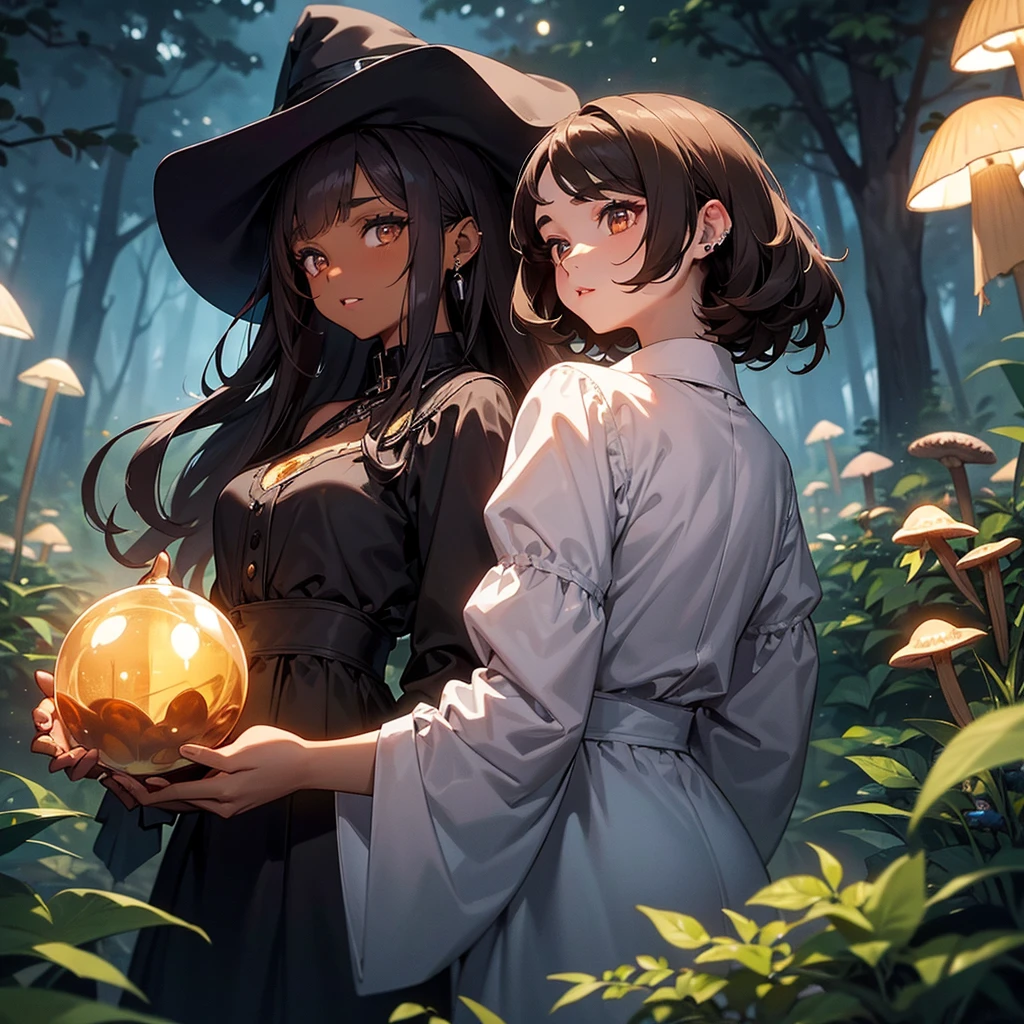 a beautiful witch with amber brown eyes, small slanted eyes, a small mouth, pale skin, a pixie cut shaved black hair, an eyebrow piercing, an ear piercing, gazing into a luminous crystal ball, in a nighttime forest, with an owl nearby, mushrooms scattered on the ground, a black cat, a starry sky with a waning moon, her dark-skinned boyfriend with long curly brown hair and full lips standing behind her, 8k resolution, ultra-detailed, best quality, cinematic composition, cinematic scene, beautiful couple