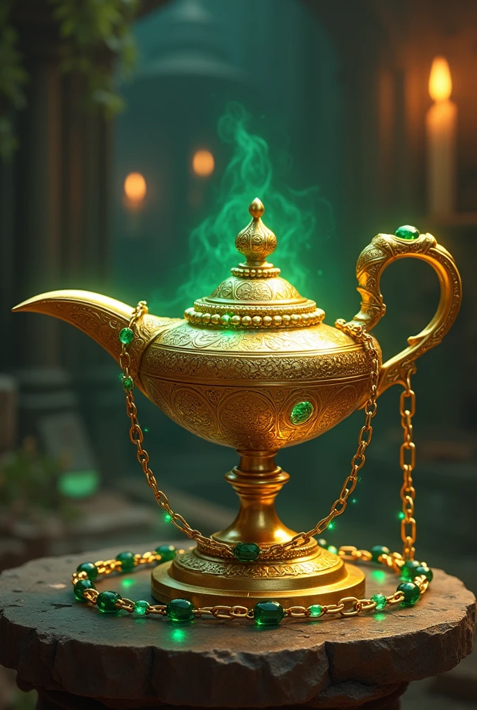 Golden magic lamp with emeralds covered with chains around sealing something and gold