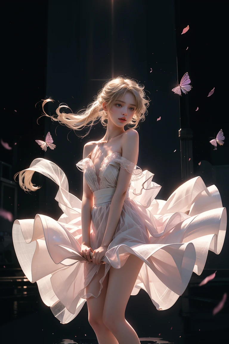 (New York Cityscape)、Highest quality、masterpiece、超High resolution、reality、Portrait、Elegant mature woman、blue eyes、Long Hair、Side bangs、(Translucent pink dress、mini skirt)、4K resolution、High-quality CG、Feminine pose、Fair、（The wind blows up my skirt）,(Lace panties are visible),Fluorescent color、One Girl、Turn to the side、Beautiful Face、Beautiful Eyes、（大きなblue eyes）（肩からDown：1．Down：1、2）、（Golden white hair）、Shiny Hair、Glowing Skin、Reduce glare、Finger ratio adjustment、eyebrow、Ass POV、Dynamic Angle、（Master Parts）、（Highest quality）、（Ultra detail）、（An illustration）、（Detailed light）、（Very delicate and beautiful）、Dramatic Shadows、Ray Tracing、reflection、超High resolution、（Master Parts）、（Highest quality）、（Ultra detail）、（An illustration）、（Detailed light）、（Very delicate and beautiful）、（Dramatic Shadows）、Ray Tracing、reflection、超High resolution High resolution、（Master Parts）、（Highest quality）、（Ultra HD）。 High resolution、（（Colorful hair and mesh））、Her hair flutters in the wind、（big deep blue eyes）、Golden white hair、haired woman、Sparkling Butterfly、Sparkling Butterfly、黒haired woman、Points of light around the woman、Magical Aura、Green dot、The nature of the aura、Magical Aura黒haired woman、((Translucent red one-shoulder dress：1. 3)、(Sleeveless)、((The skirt is fluttering in the wind))、